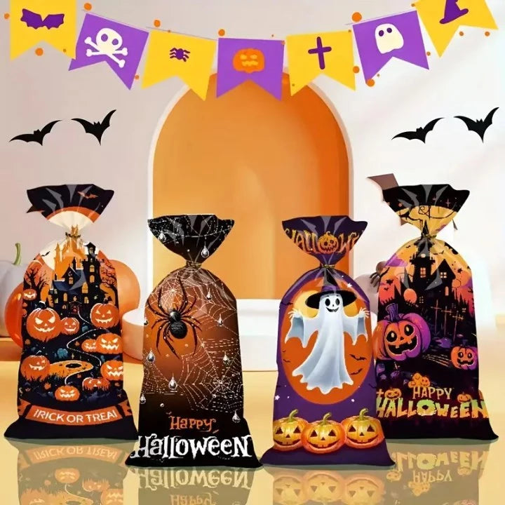 50pcs Halloween Candy Bags 4 Spooky Designs (Bats, Pumpkins, Witches, Ghosts) - Flat Pocket Gift Bag
