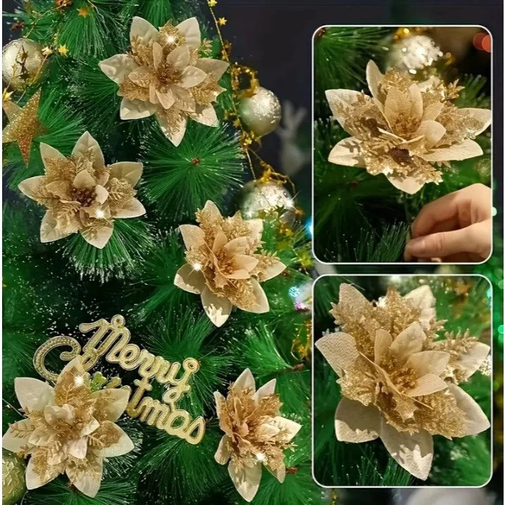 10pcs Glitter Poinsettia Flowers Artificial for Christmas Tree & Garland | DIY Wedding, Party Decor.