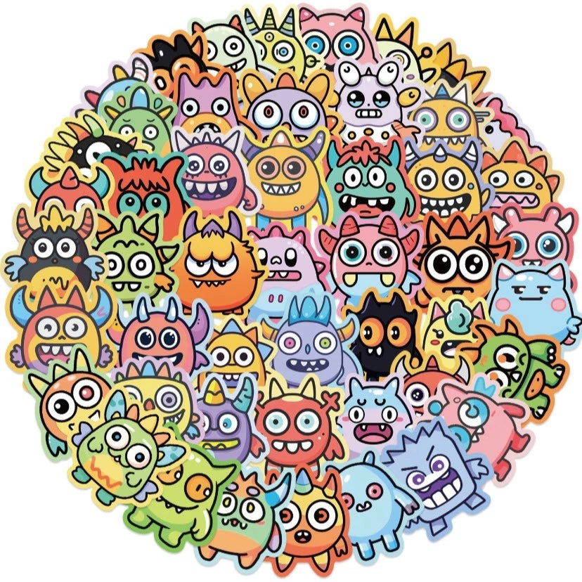 50pcs Cute Cartoon Monster Stickers, PVC Self-Adhesive Decals for Scrapbooking, Phone Cases, Laptops