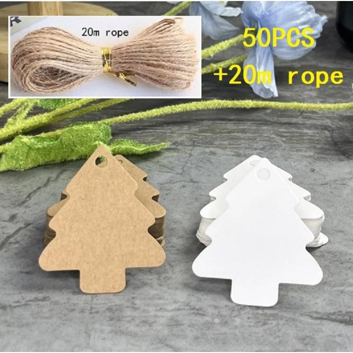 50pcs XMAS Tree Tags + 20m Hemp Rope Kraft Paper Tags for Rustic Wedding, Gift, Holiday Decor