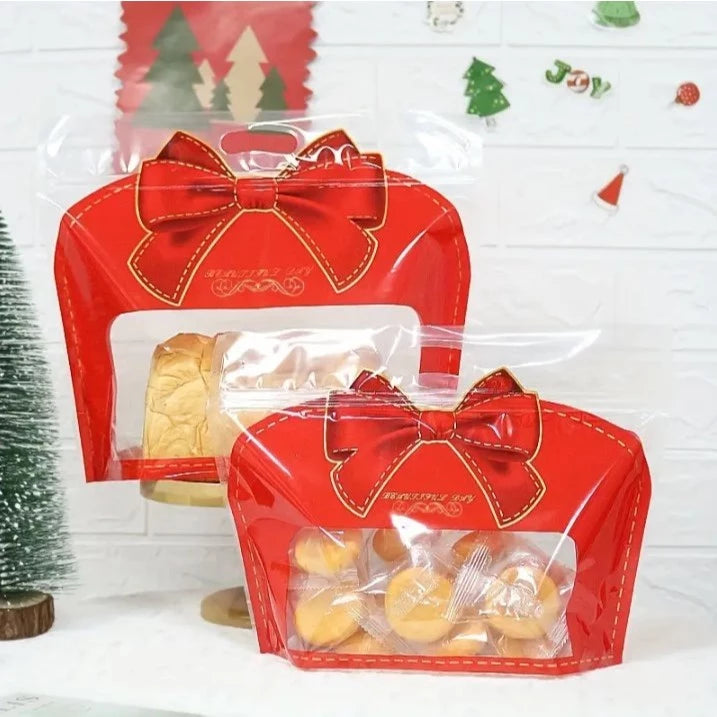 50pcs Transparent Zip Bag w/ Red Bow for Bread, Cookies, Candy Packaging, Party Favor Bags