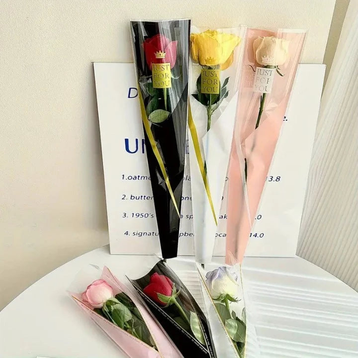 50pcs Crown JUST FOR YOU Single Rose Flower Bag - Transparent for Florist Supplies, Valentine's Gift