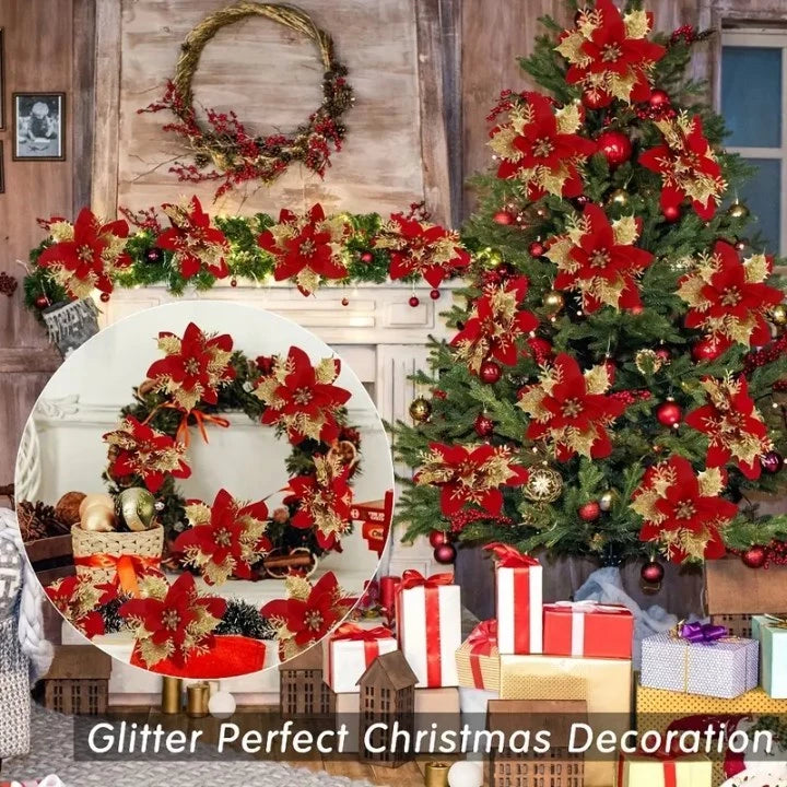 10pcs Glitter Poinsettia Flowers Artificial for Christmas Tree & Garland | DIY Wedding, Party Decor.