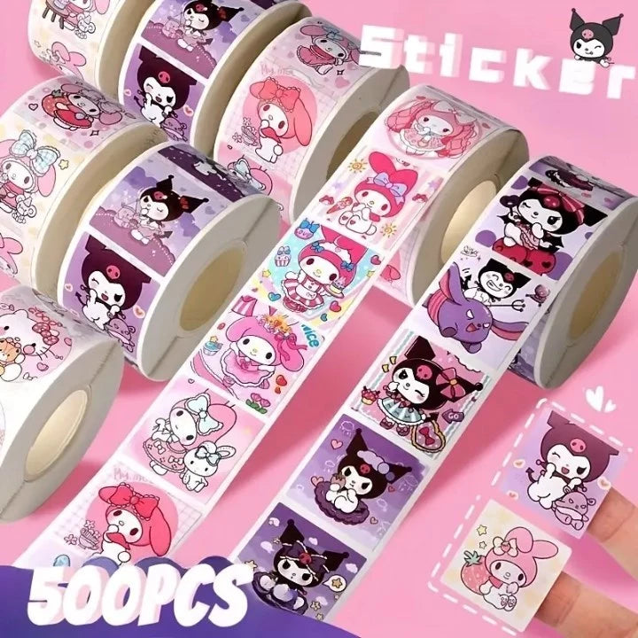 500pcs/roll Sanrio Sticker Cartoon Hello Kitty Kuromi Stickers Kawaii Melody Cute Laptop Decals Book