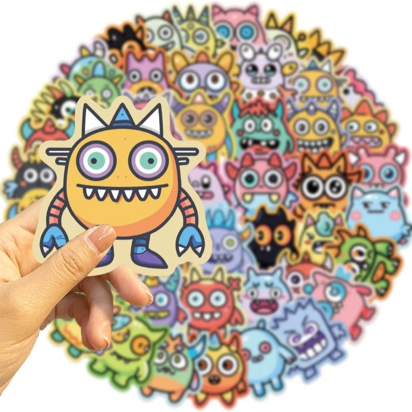 50pcs Cute Cartoon Monster Stickers, PVC Self-Adhesive Decals for Scrapbooking, Phone Cases, Laptops