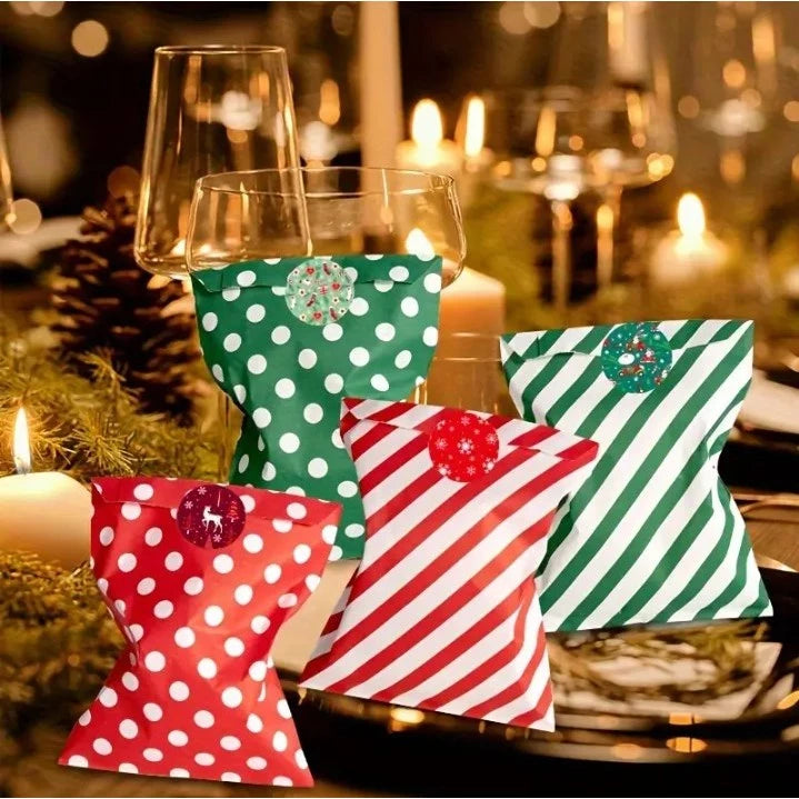 24pcs/pack Christmas Candy Bags with Stickers - Red & Green Striped & Polka Dot Paper Gift Packaging