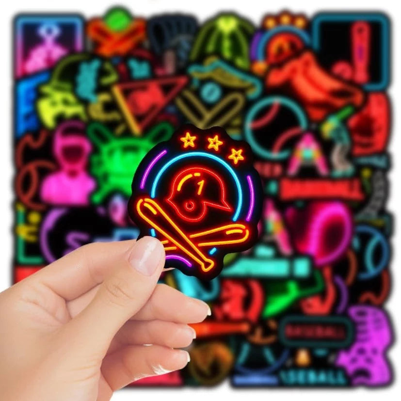 50Pcs Neon Baseball Stickers - Waterproof Vinyl Decals for Fans, DIY Graffiti for Laptops, Notebooks