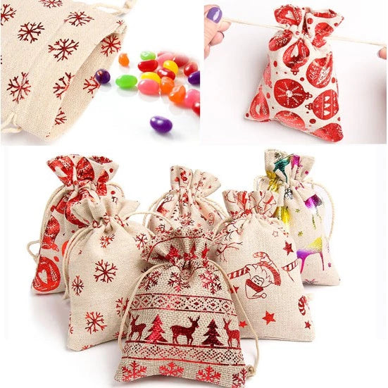 Christmas Drawstring Gift Bags Burlap, Gift Pouch Goody Bags for Candy Wrapper Gift
