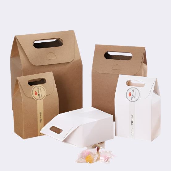 Plain Kraft paper bag with punch hole handle gift packaging takeout box