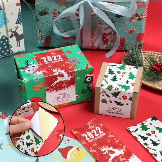 (50PCS 6*15cm) Rectangular Merry Christmas Happy New Year Package Stickers Sealing Labels