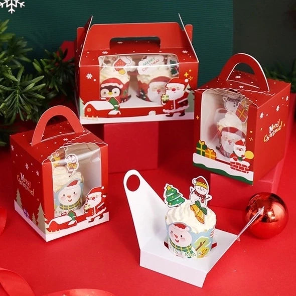 Christmas Cupcake box with Handle, Muffin Box Cupcakes Box, Pastry Box (1 ,2, 4, 6 holes)