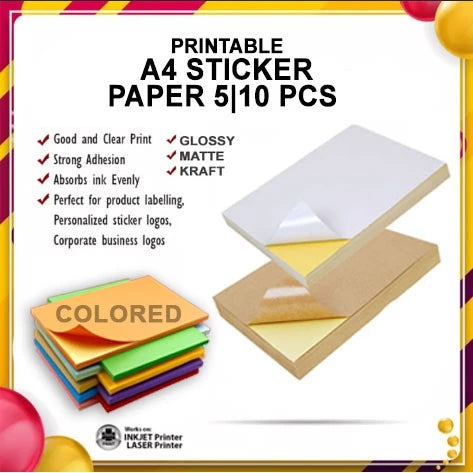 (5 | 10 pcs) Printable Inject Sticker paper Matte, Glossy & Kraft A4 | |A4 Sticker Paper