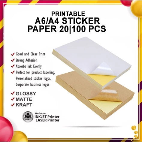(20 | 100 pcs) Printable Inject Sticker paper Matte, Glossy & Kraft A4 | A6