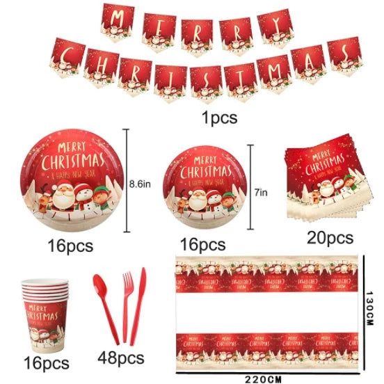 2021 Merry Christmas Theme Party Tableware Santa Claus Paper Plates Cups Napkins Tablecloth