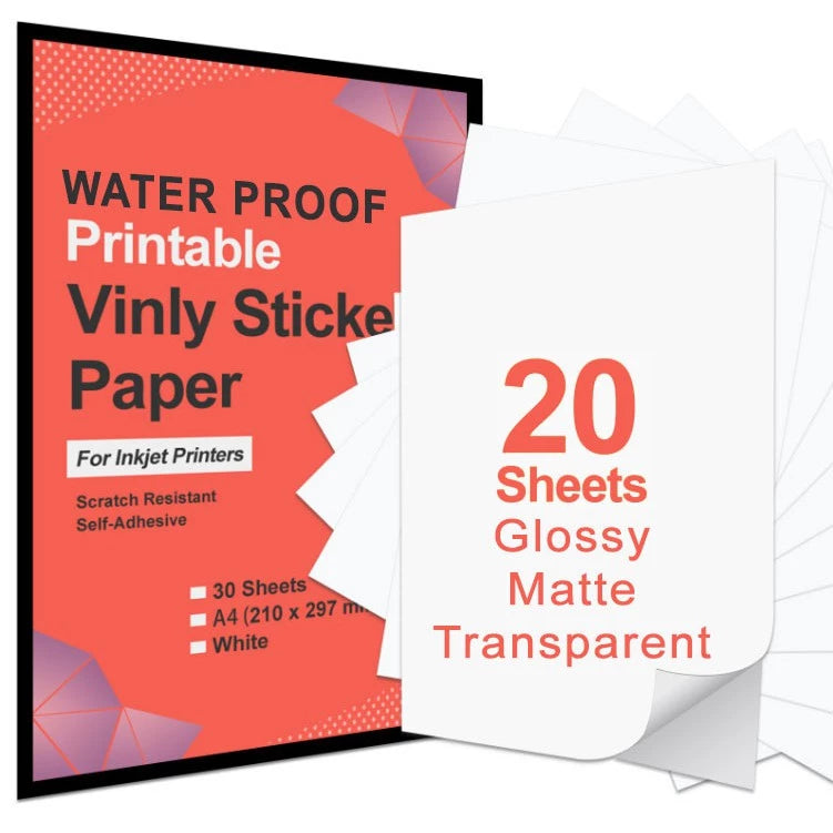 Vinyl WATERPROOF A4 Sticker Size (Glossy / Matte / Transparent) 20 sheets/pack